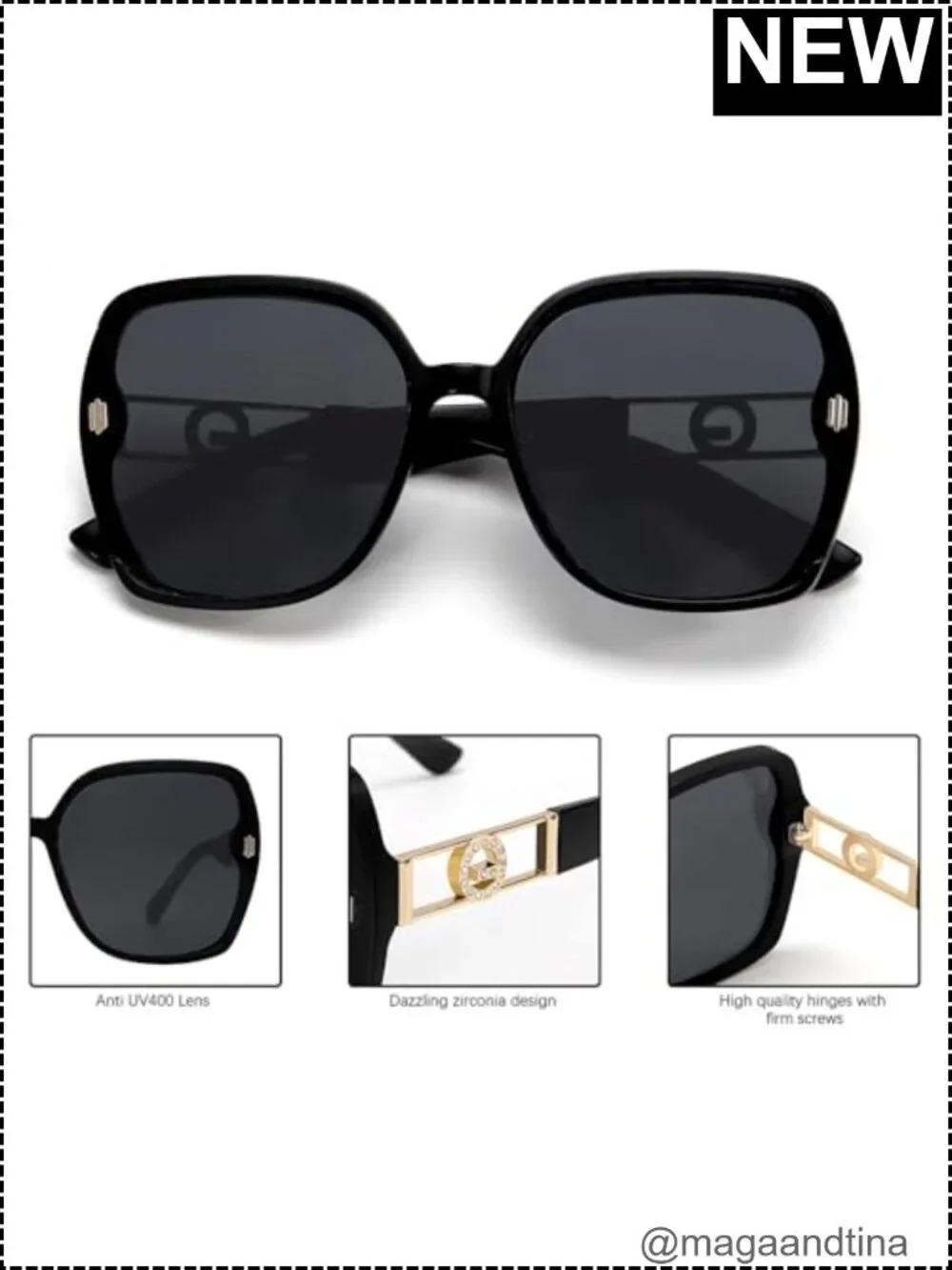 Retro Oversized 70s Sunglasses UV400 Plastic Frame with Zirconia Accents